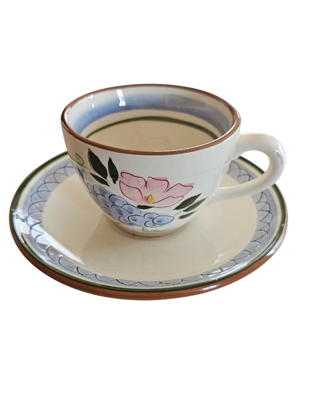 Stangl Pottery Fruit Flowers Tea Cup Saucer 6oz art pottery vtg floral blue gree